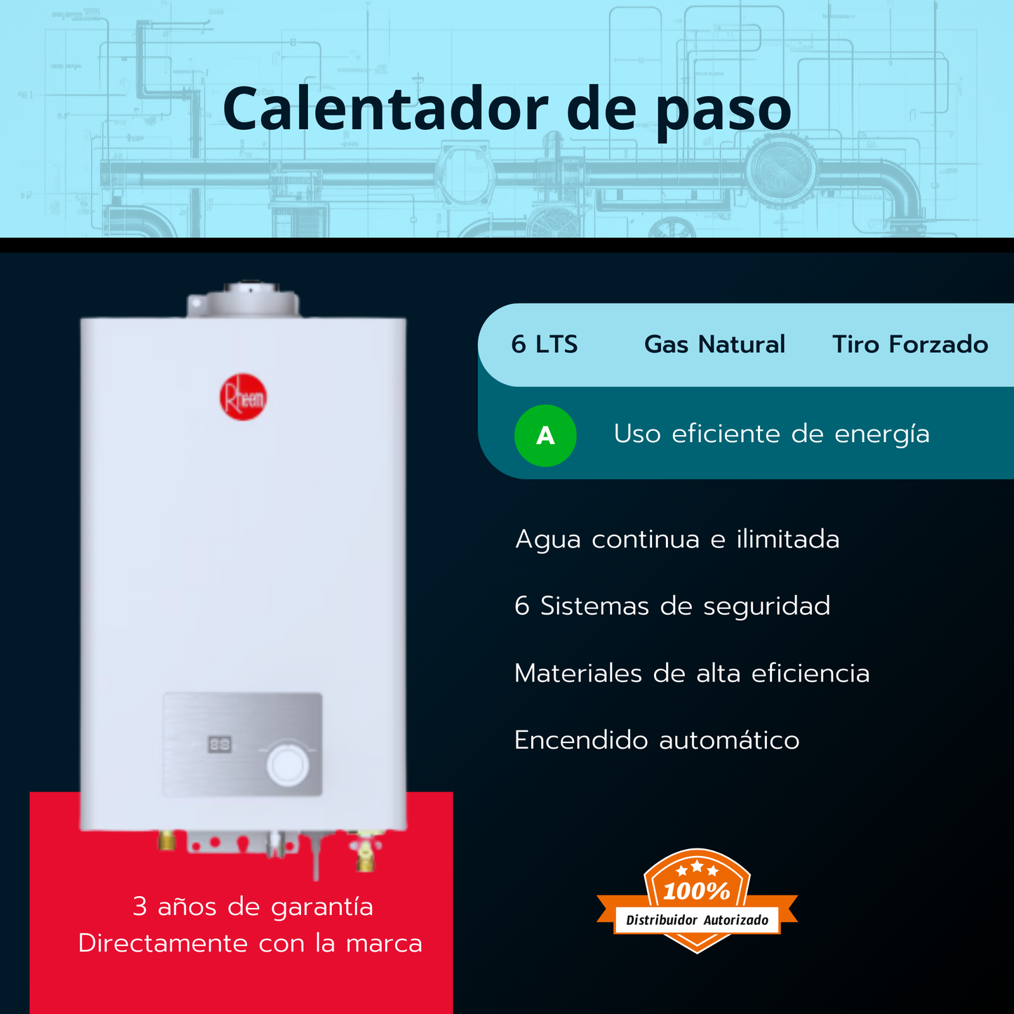 Calentador Rheem 6 litros tiro forzado cámara estanca