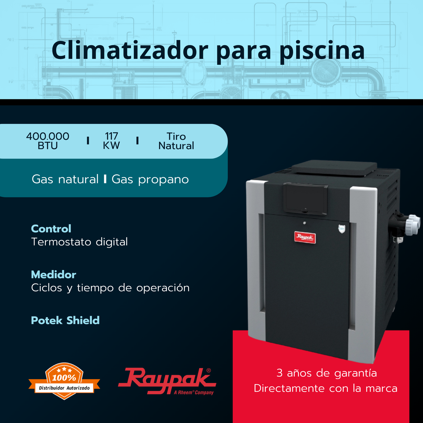 Climatizador para piscina Rheem 400.000 BTU