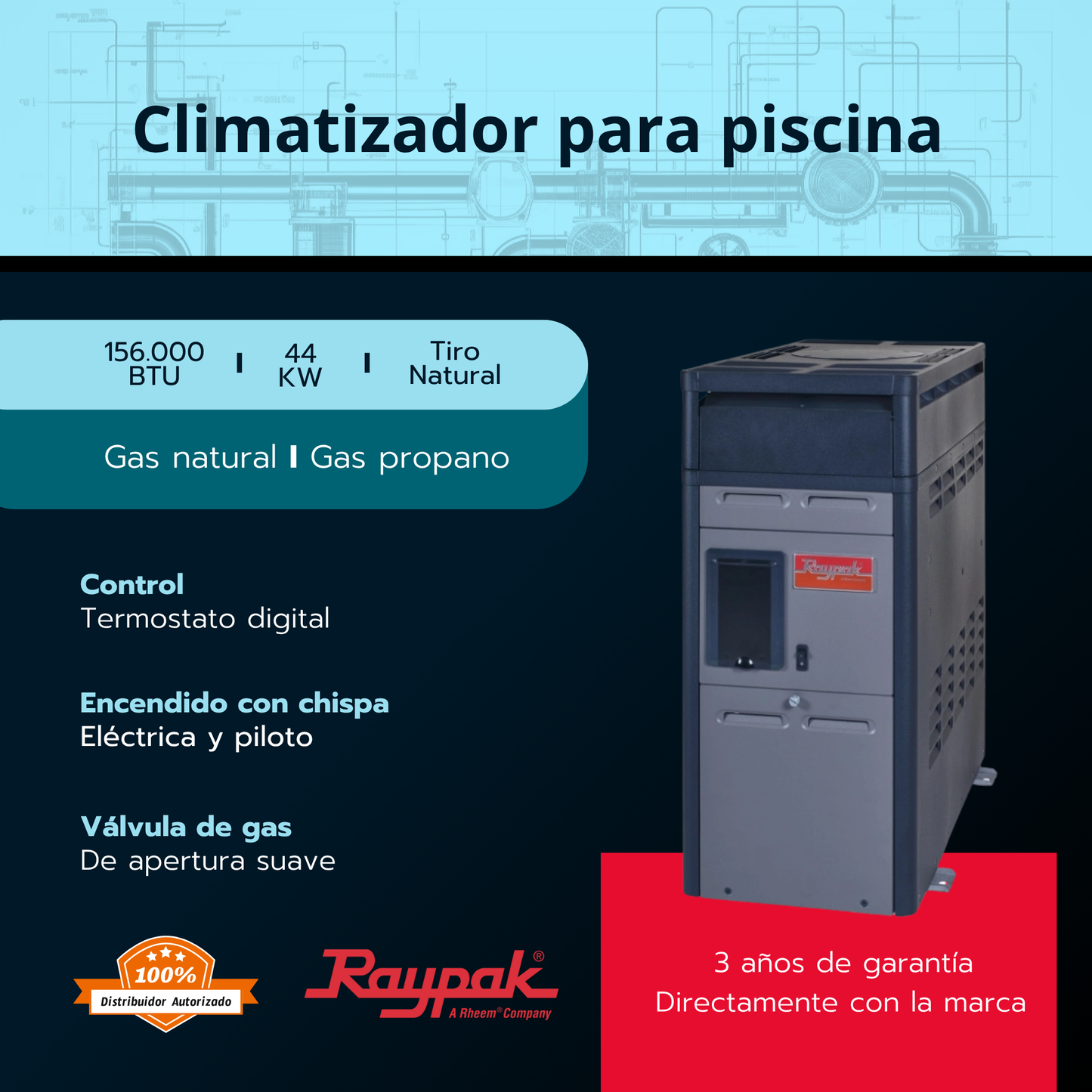 Climatizador para piscina Rheem 156.000 BTU