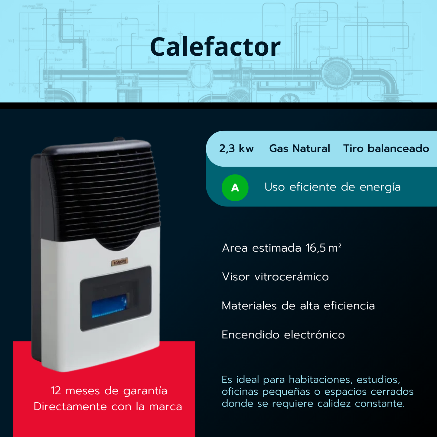 Calefactor a gas tiro balanceado Longvie E3BVA