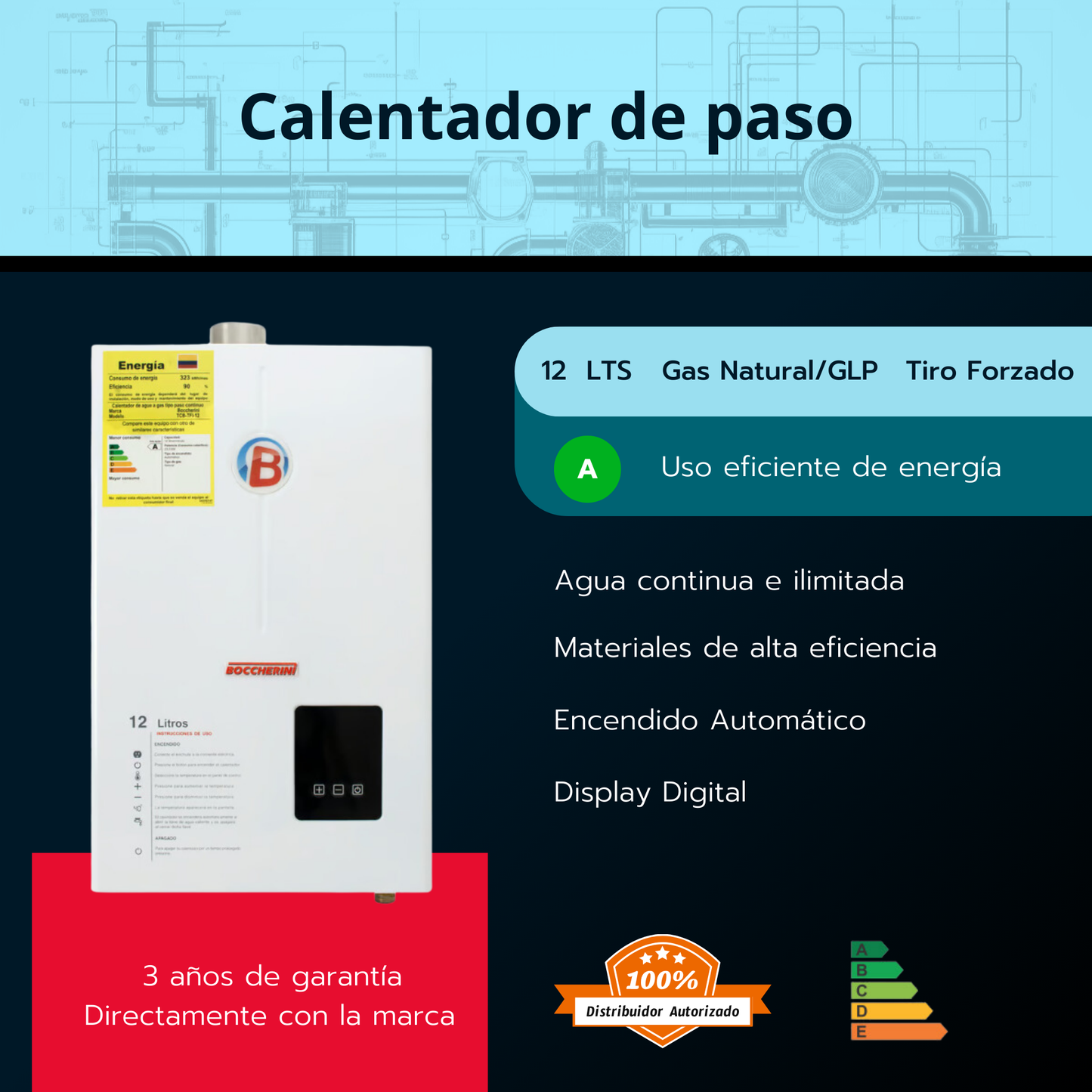 Calentador de paso Boccherini 12 litros tiro forzado - Digital