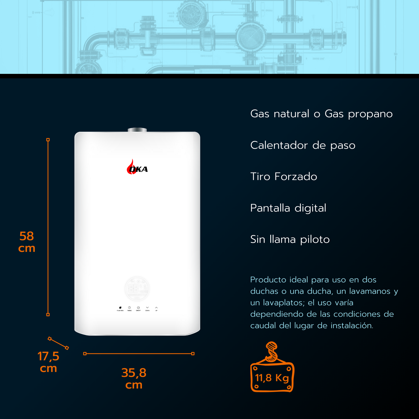 Calentador 16 litros tiro forzado automodulante Oka
