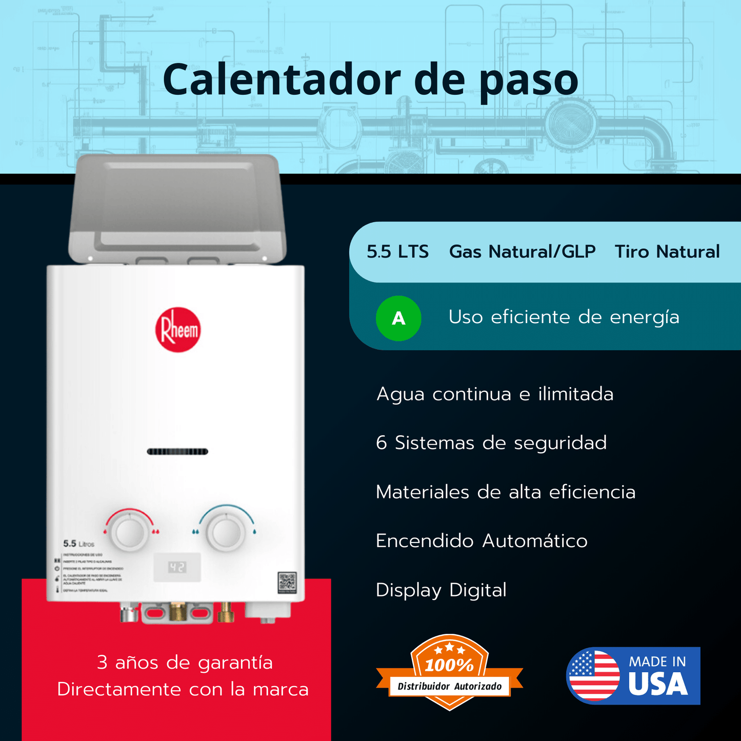 Calentador de paso a gas Rheem. 5.5 Litros