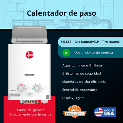 Calentador de paso a gas Rheem. 5.5 Litros