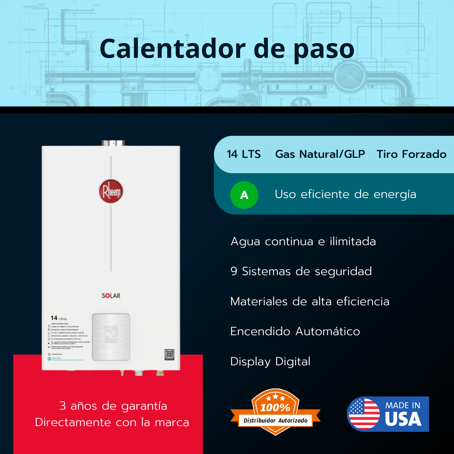 Calentador de paso Rheem 14 litros tiro forzado - Digital