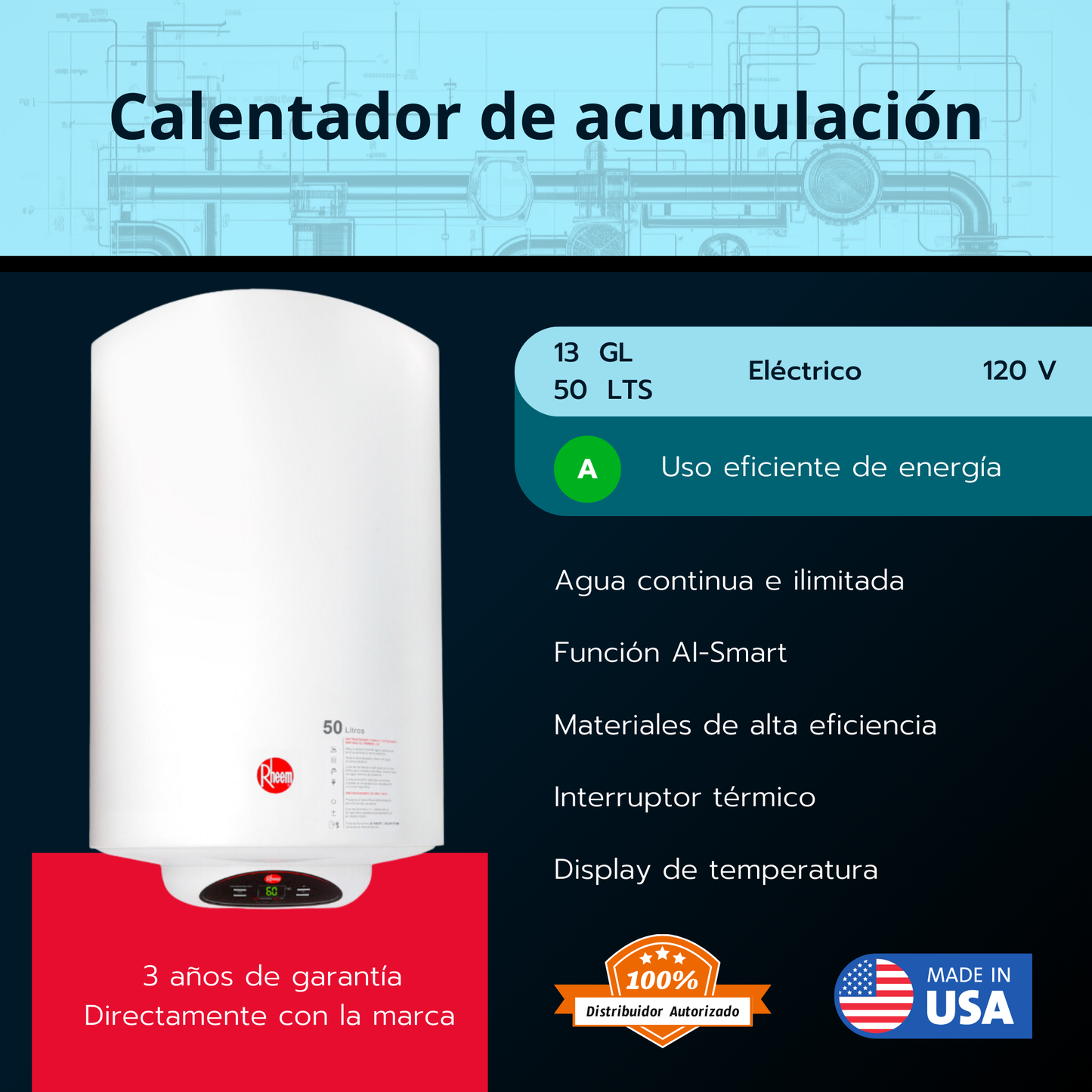 Calentador eléctrico de acumulación Rheem 13 galones