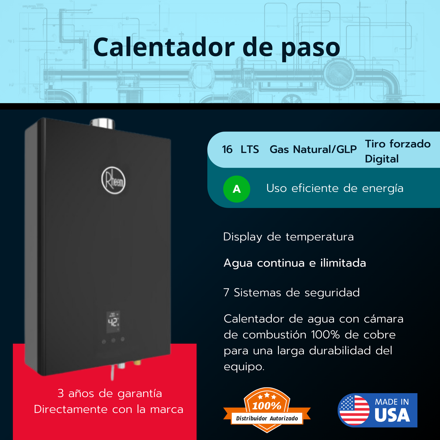 Calentador de paso Rheem 16 litros tiro forzado - Digital Wifi