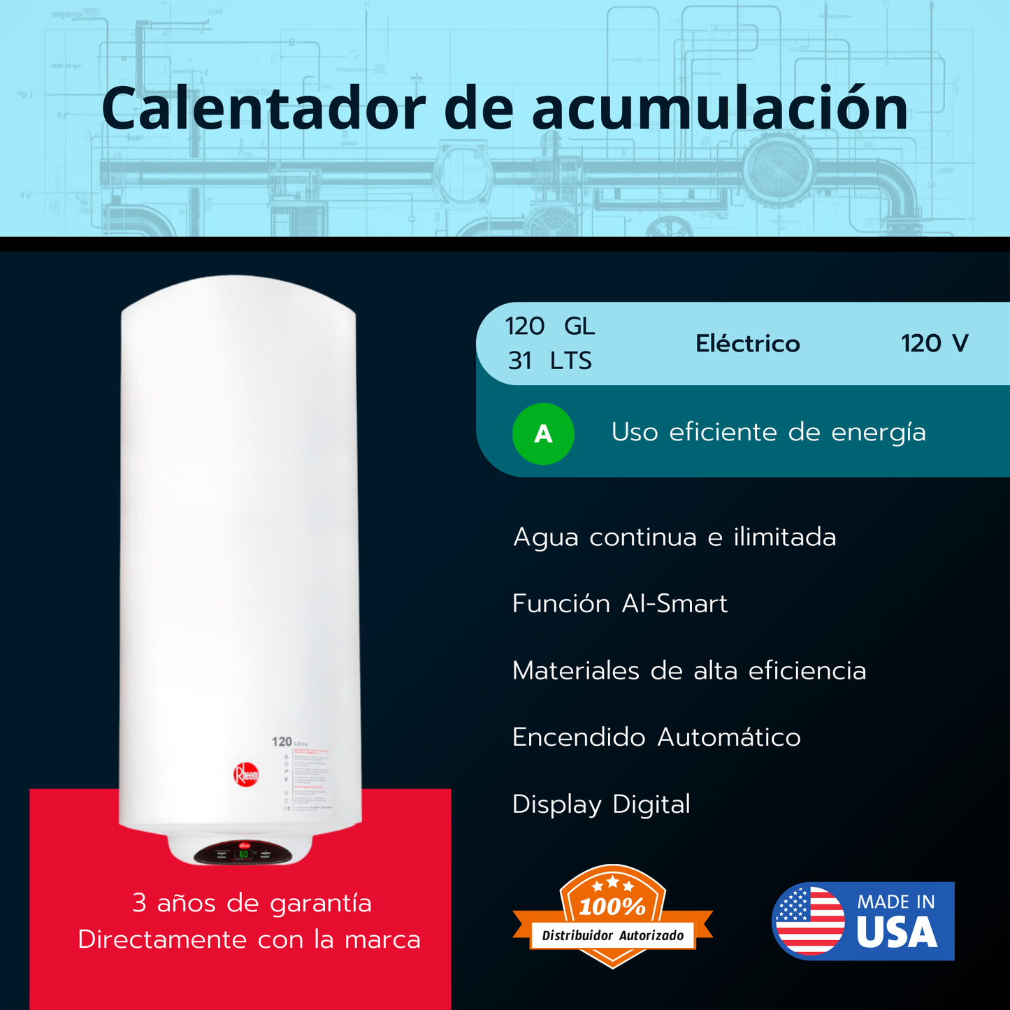 Calentador eléctrico de acumulación Rheem 31 galones