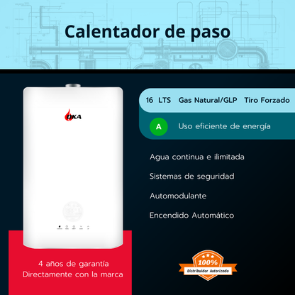 Calentador 16 litros tiro forzado automodulante Oka