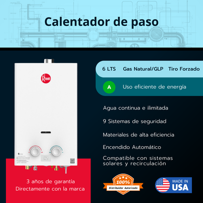 Calentador de paso Rheem 6 litros tiro forzado - Mécanico