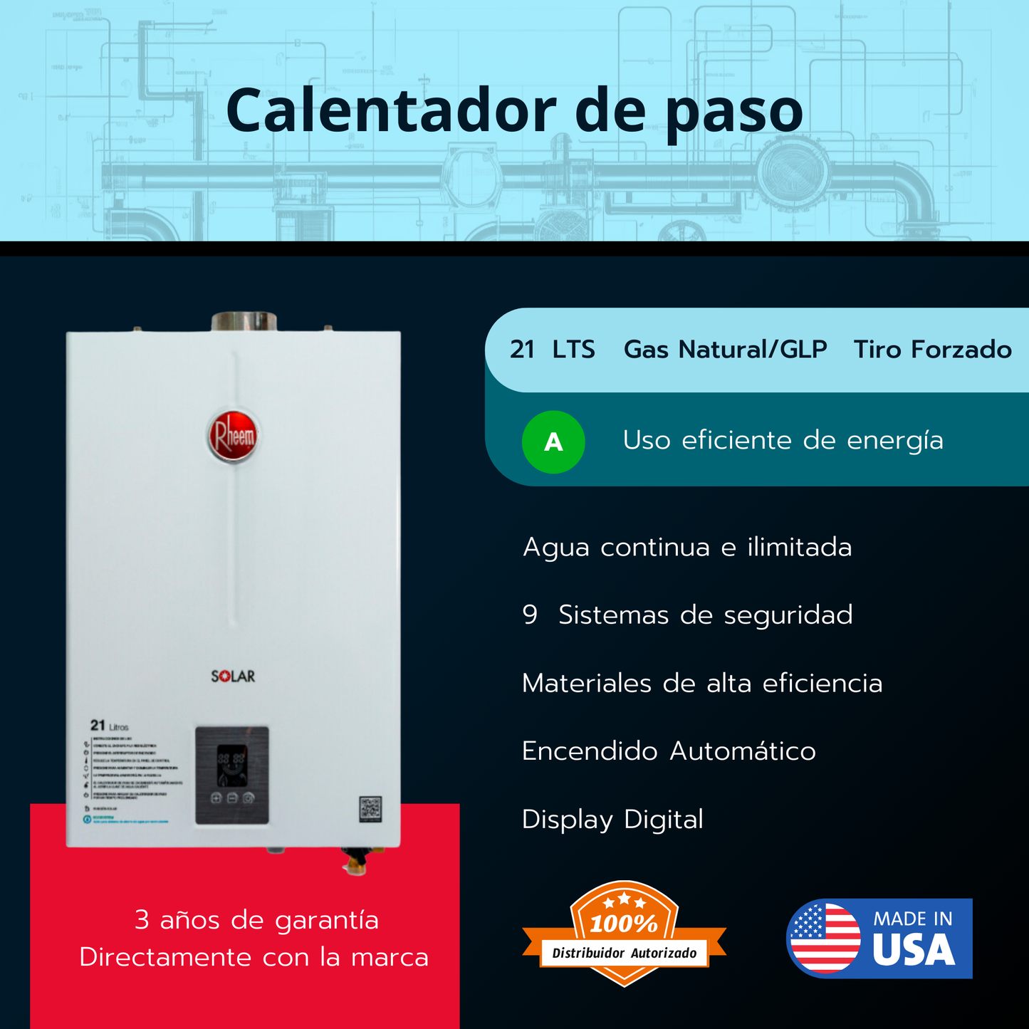 Calentador de paso Rheem 21 litros tiro forzado - Digital