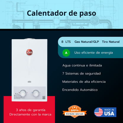 Calentador de paso Rheem 8 litros tiro natural - Mecánico