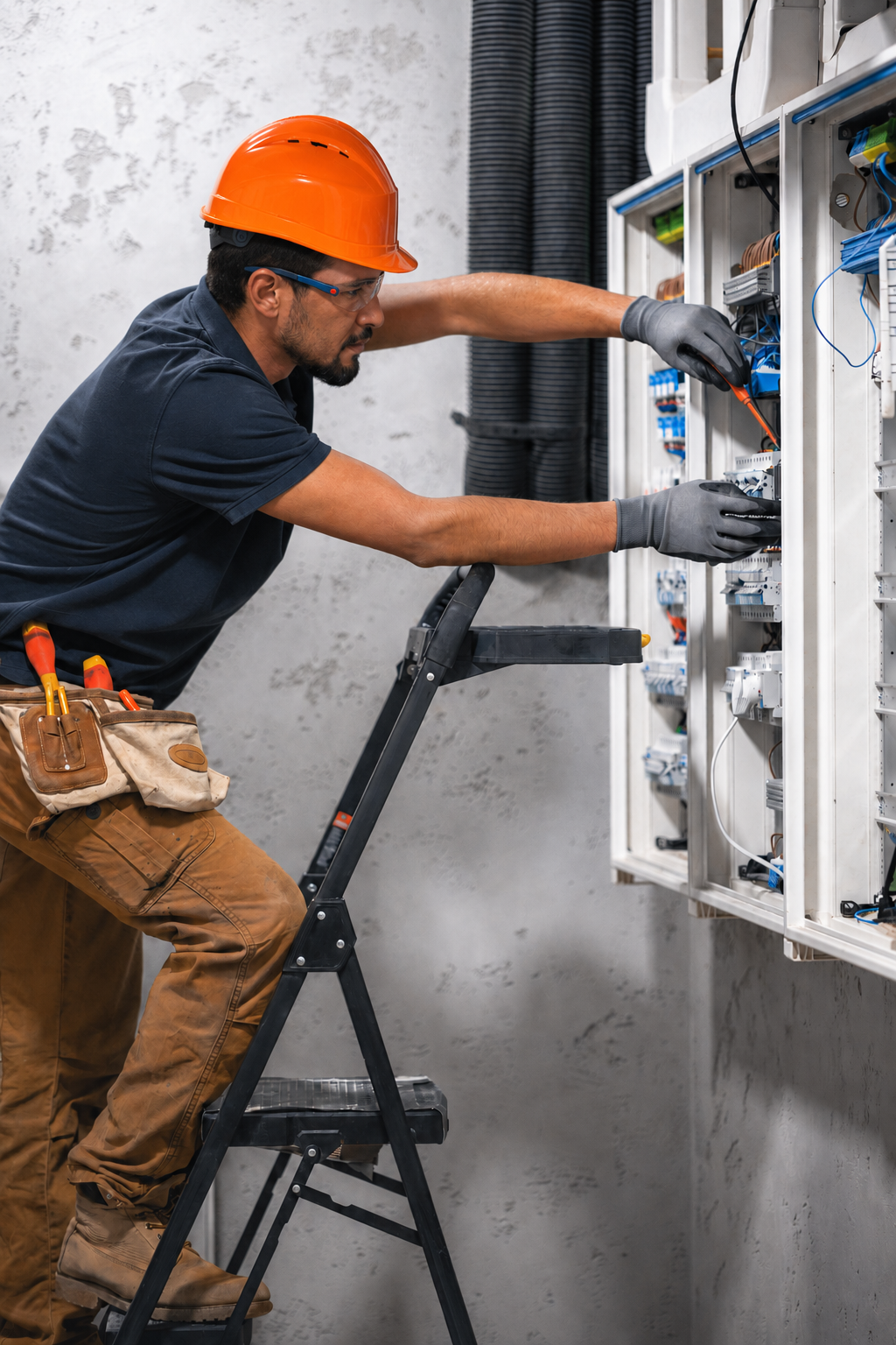 Técnico de Fasegas trabajando en el tablero eléctrico de un negocio