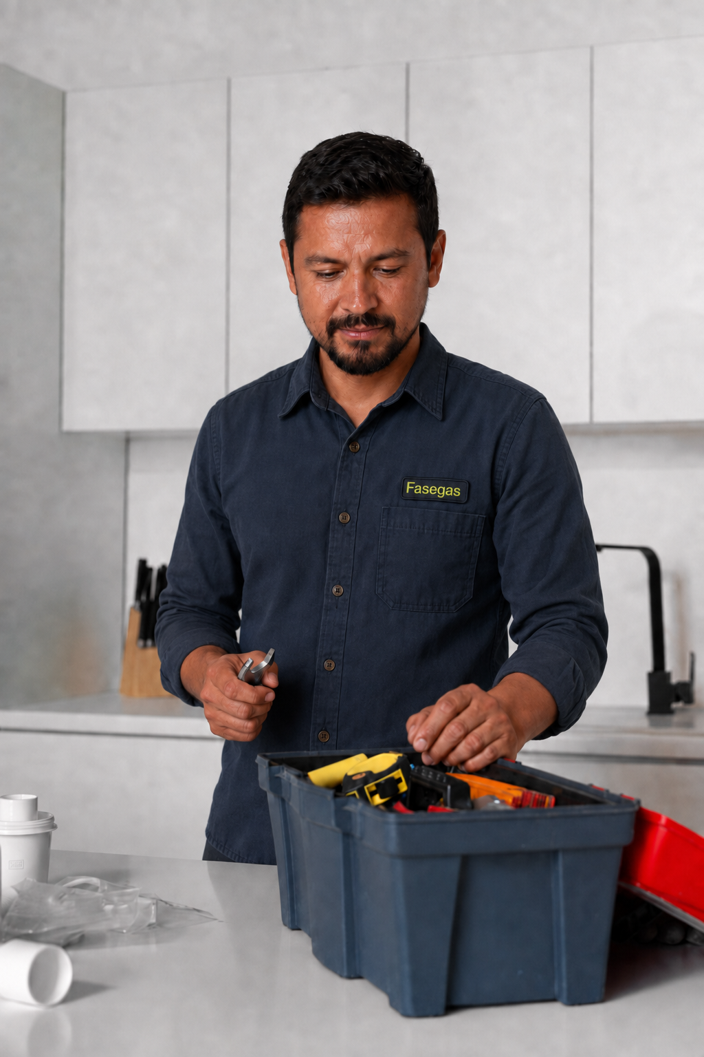 Técnico de Fasegas con su caja de herramientas en la cocina de un cliente