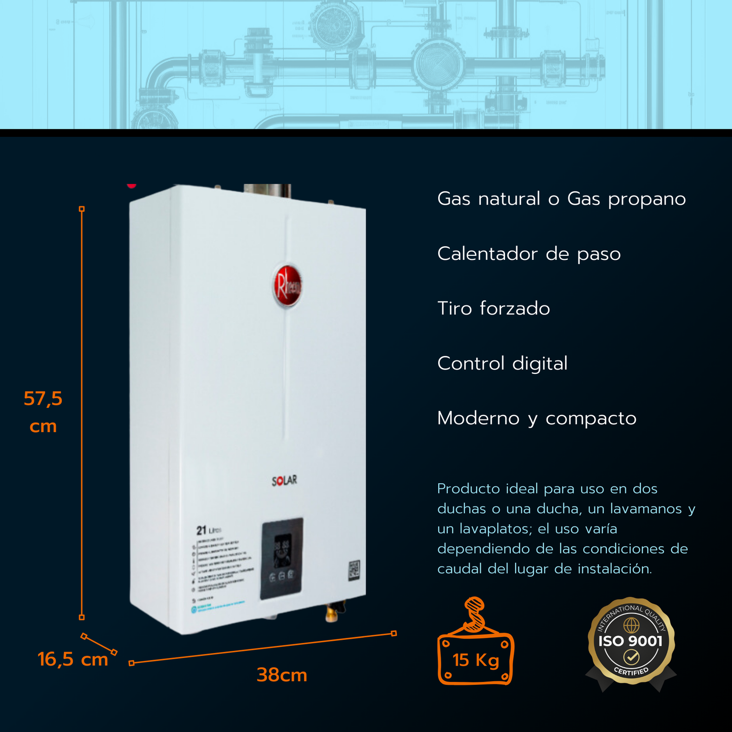 Calentador de paso Rheem 21 litros tiro forzado - Digital