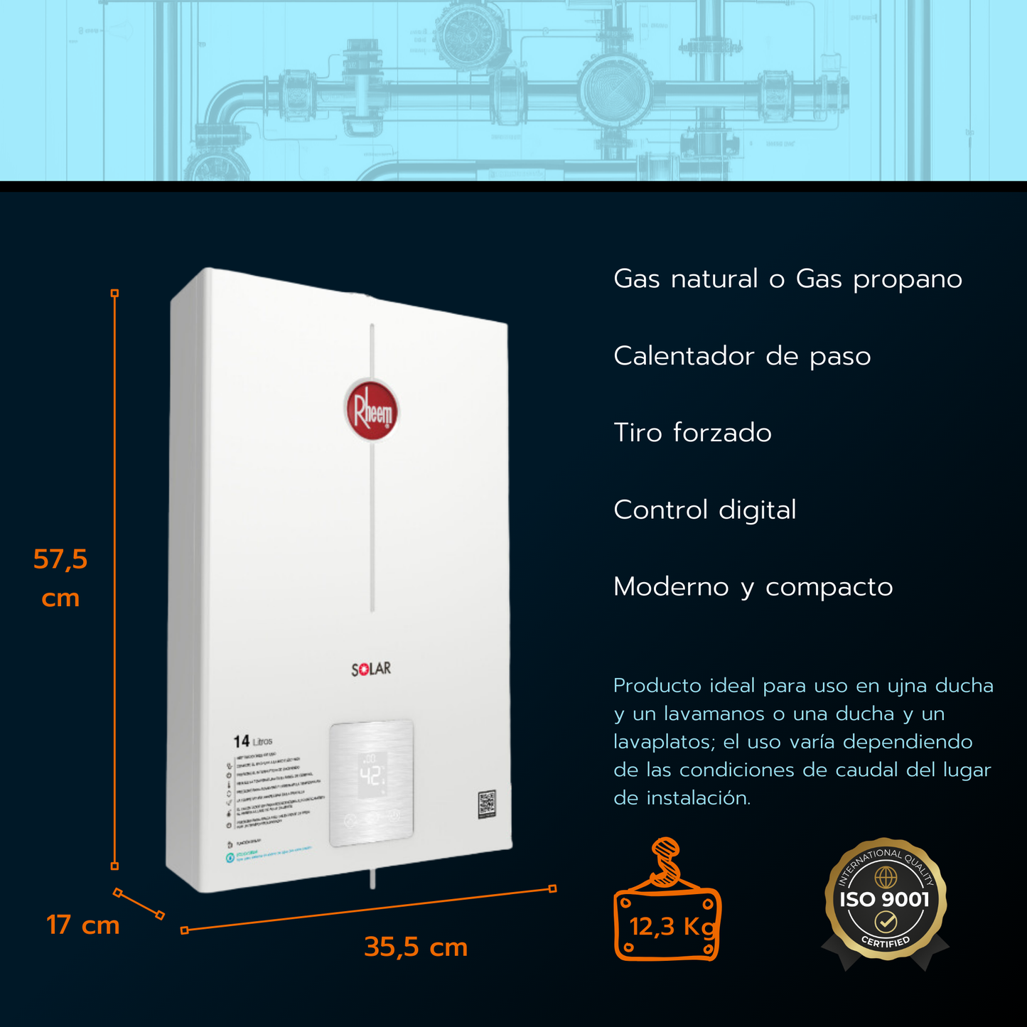 Calentador de paso Rheem 14 litros tiro forzado - Digital